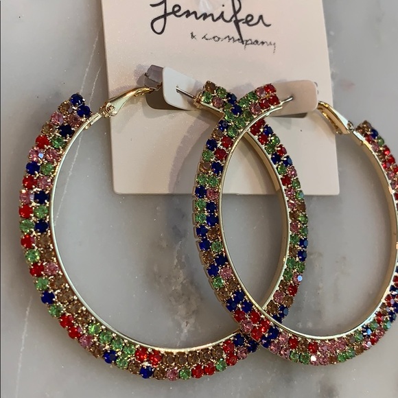 🎀 Faux Gold Rhinestone Rainbow Hoops - Picture 2 of 4